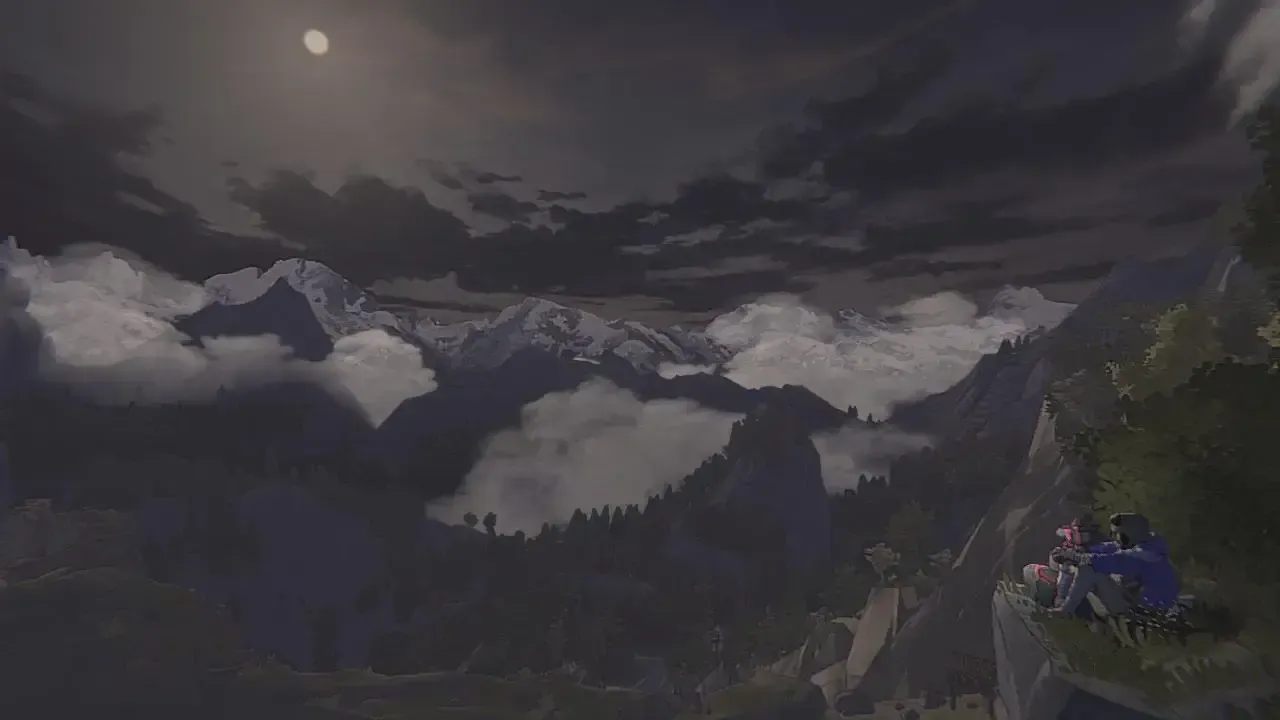 Aava fait une petite pause assise sur une falaise faisant face aux montages enneigées