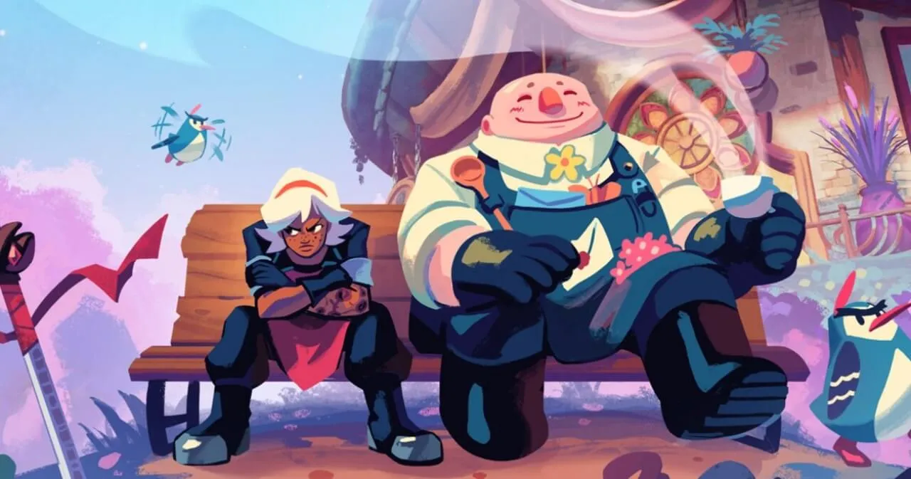 Alta et Boro sont assis sur un banc. Alta a l'air en colère et Boro est souriant appréciant sa tasse de thé.